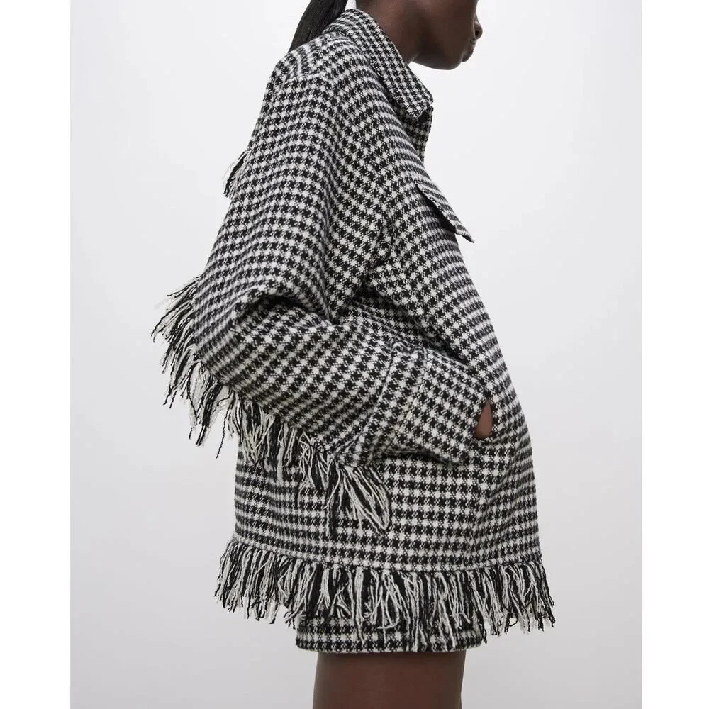 Zara Houndstooth Fringed Overshirt Barn Jacket Oversized Tweed Shacket 4391/737 - Picture 11 of 15